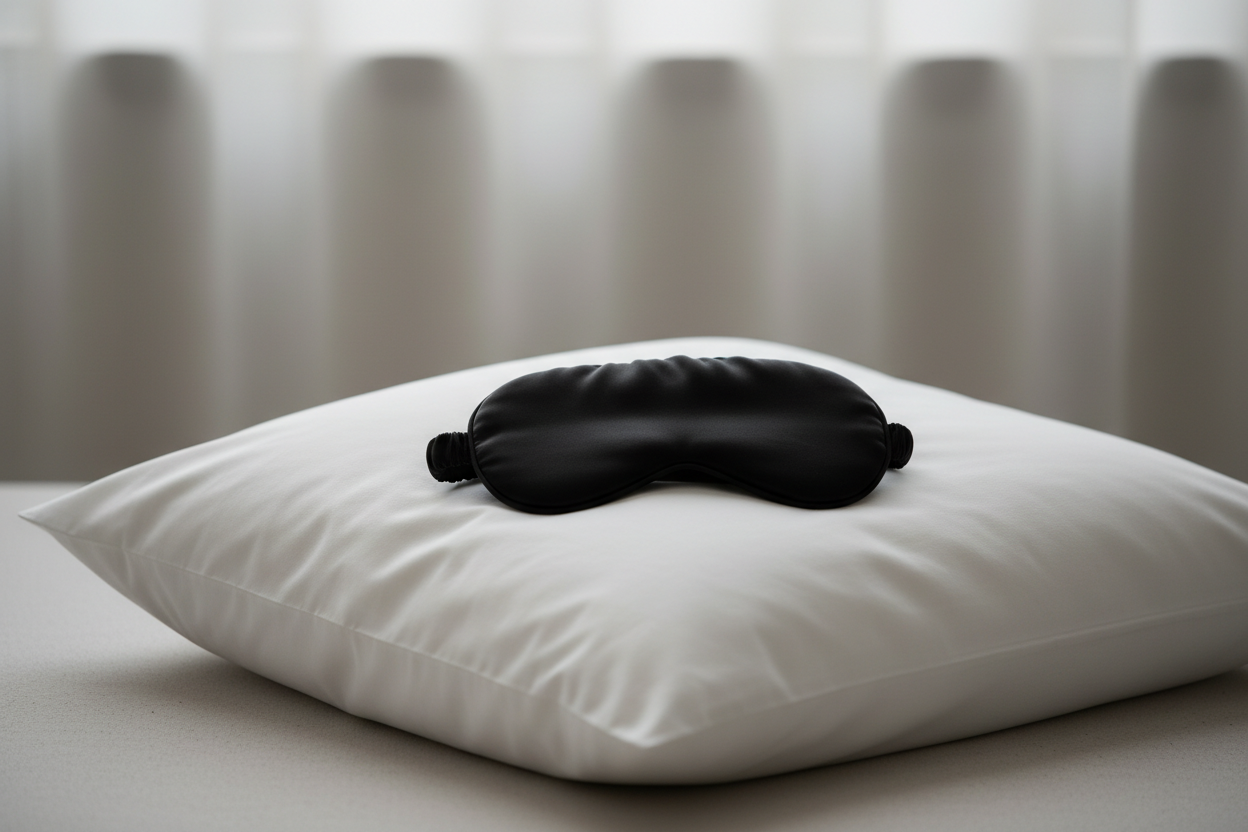 black sleep mask on top of white cotton pillow with a neutral background