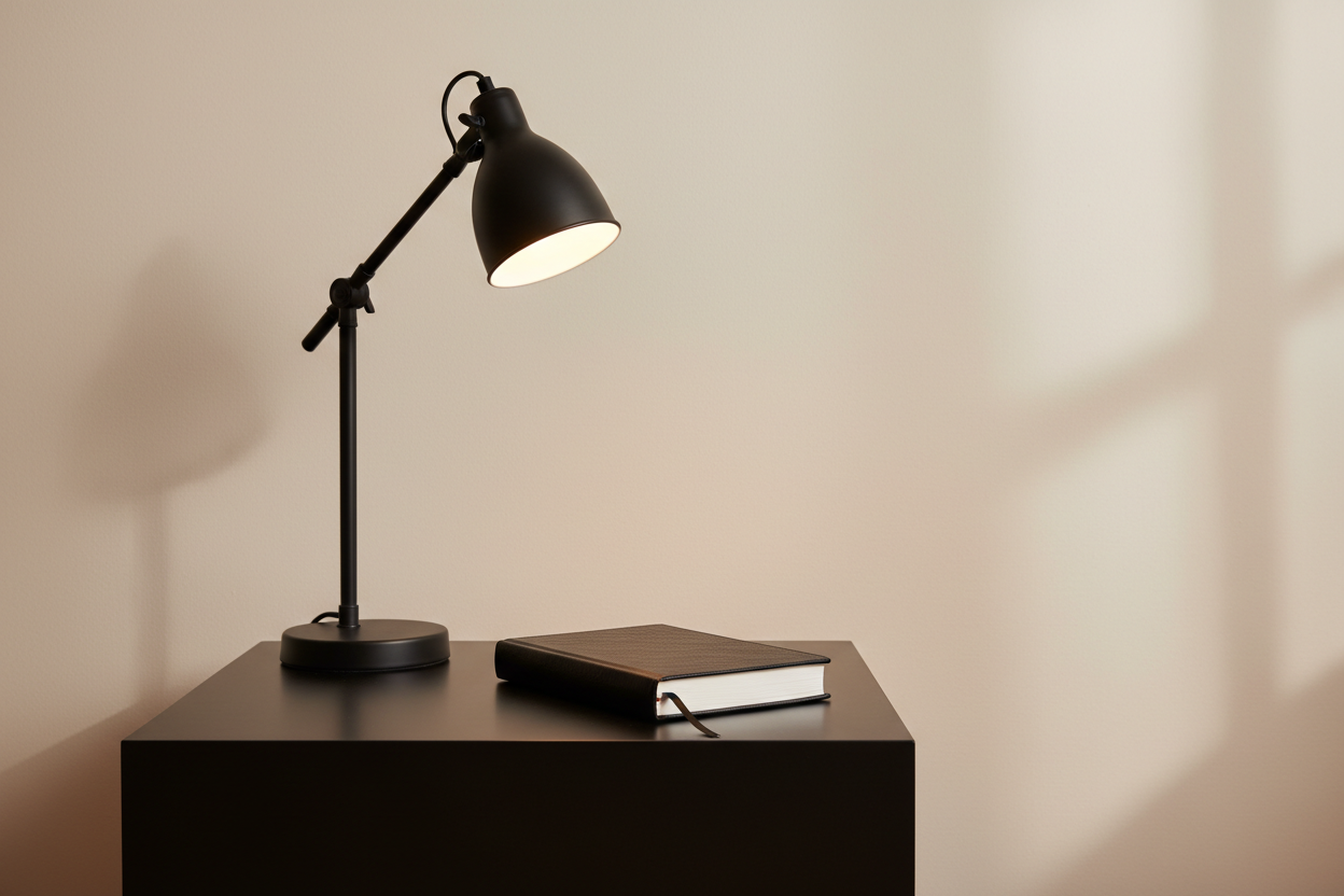 create an image of a black journal on top of a black bedside table with a black lamp but a neutral background