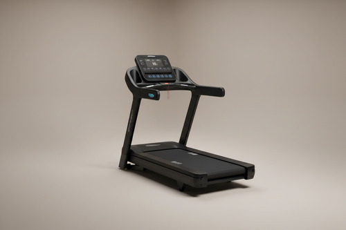 create an image of a luxe treadmill following the black theme with a neutral background